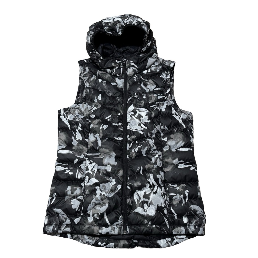 Lole Women's Black and White Bloom Hooded Packable Down Vest Size Medium 19 x 26